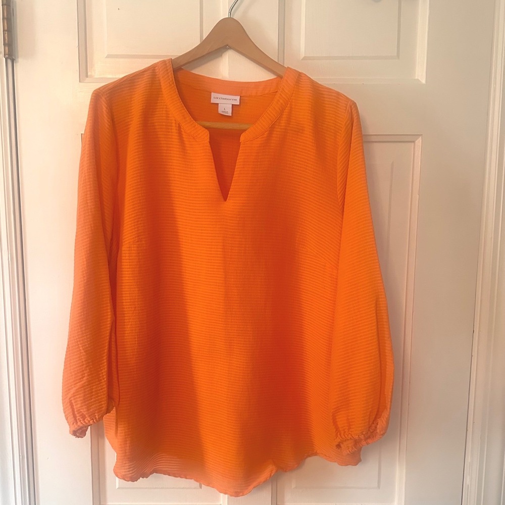 Liz‎ Claiborne Womens Top L Striped Orange 3/4 Sleeve V Neck Blouse